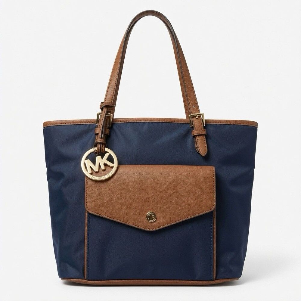 Michael Kors Navy Brown Tote Bag MK Logo Charm Large Shoulder Bag Travel